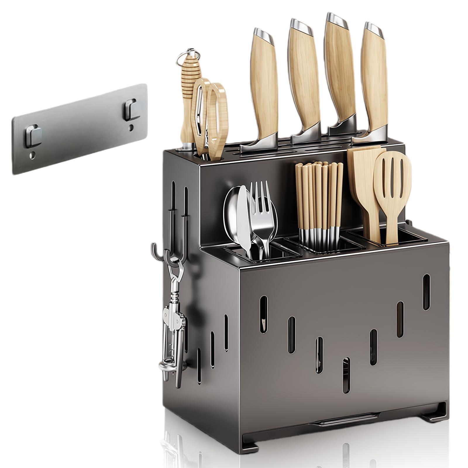 Meetoz Dark Gray Utensil Holder, Stainless Steel Cutlery Drainer Sink Caddy, With Knife Holder Cutlery Drainer, Space-Saving Countertop Holder, For Chopsticks, Spoons, Knives And Forks