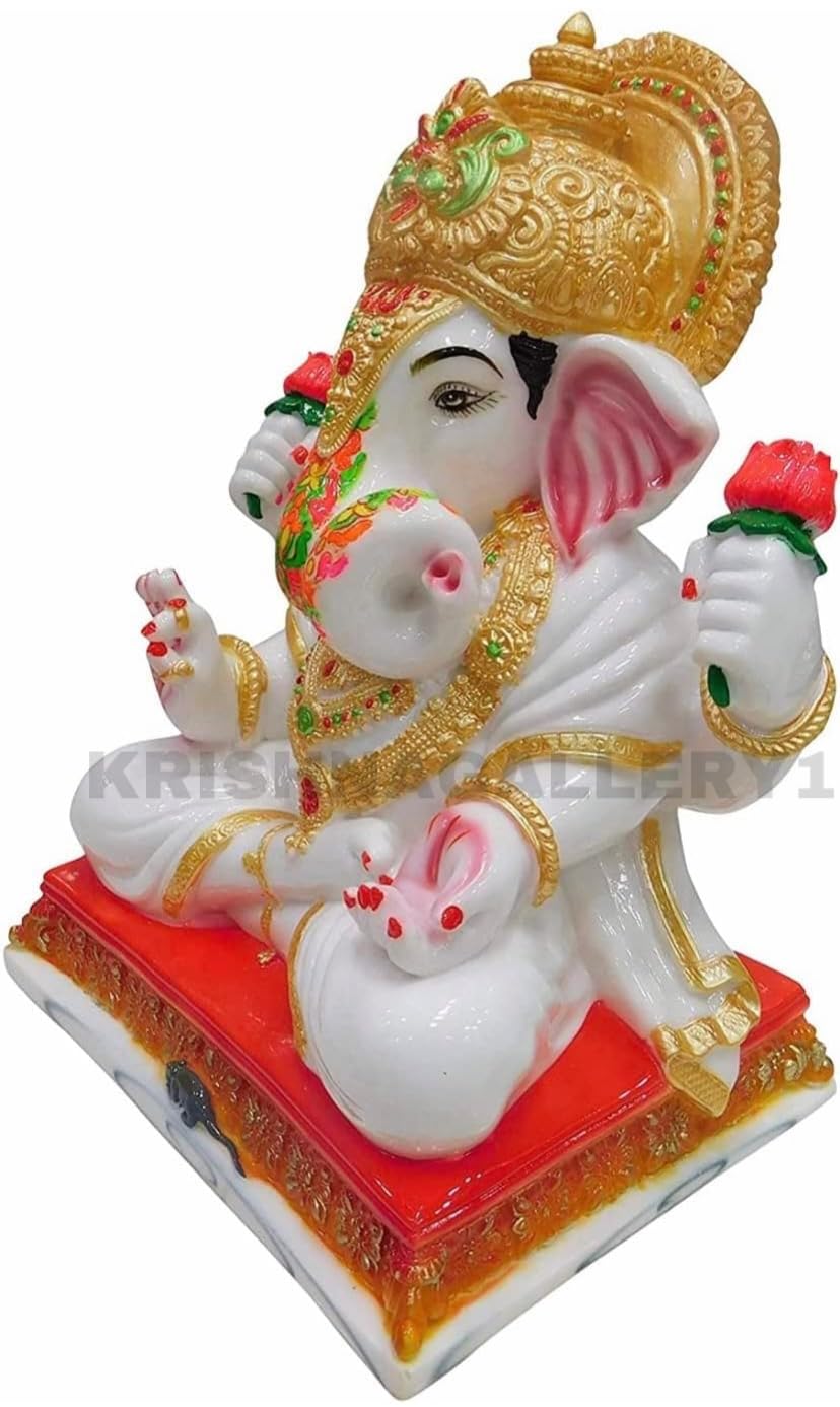 KRISHNAGALLERY1 Antique Marble Polyresin Lord Dagdusheth Ganesh Ji Murti Statue Ganesha Murti For Pooja Home Decoration Big Large Size 13.5 Inches, White 2