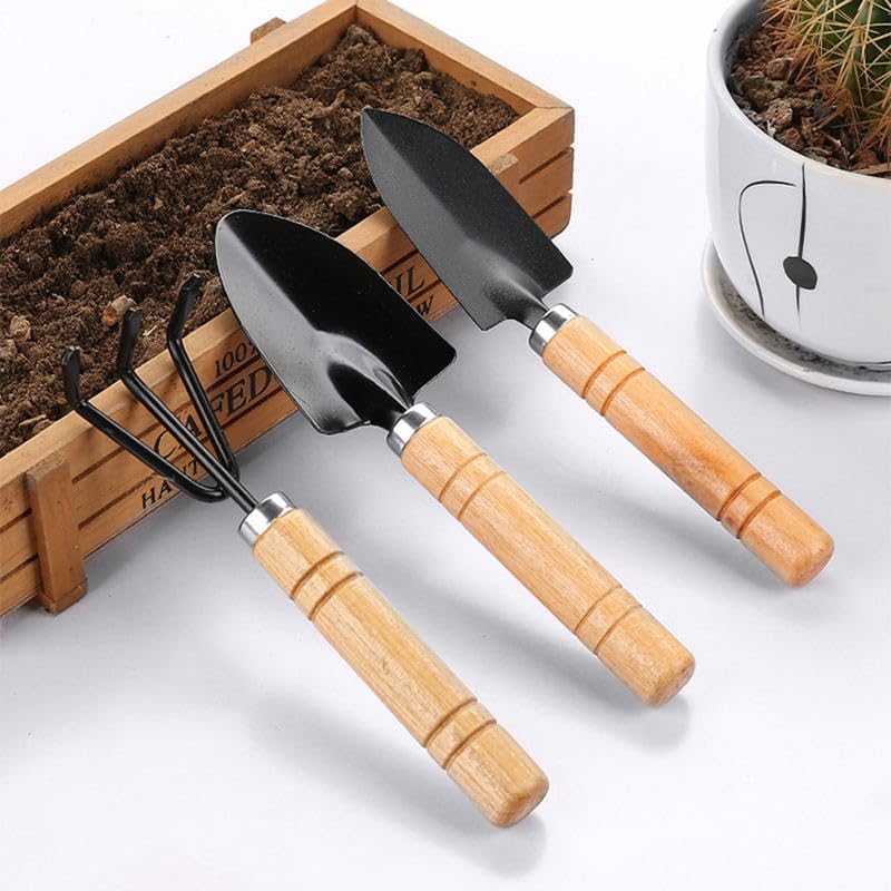 3 Pcs Mini Gardening Tool Set, Shovel, Spade, Rake Kit with Ergonomic Wooden Handles, Ideal for...