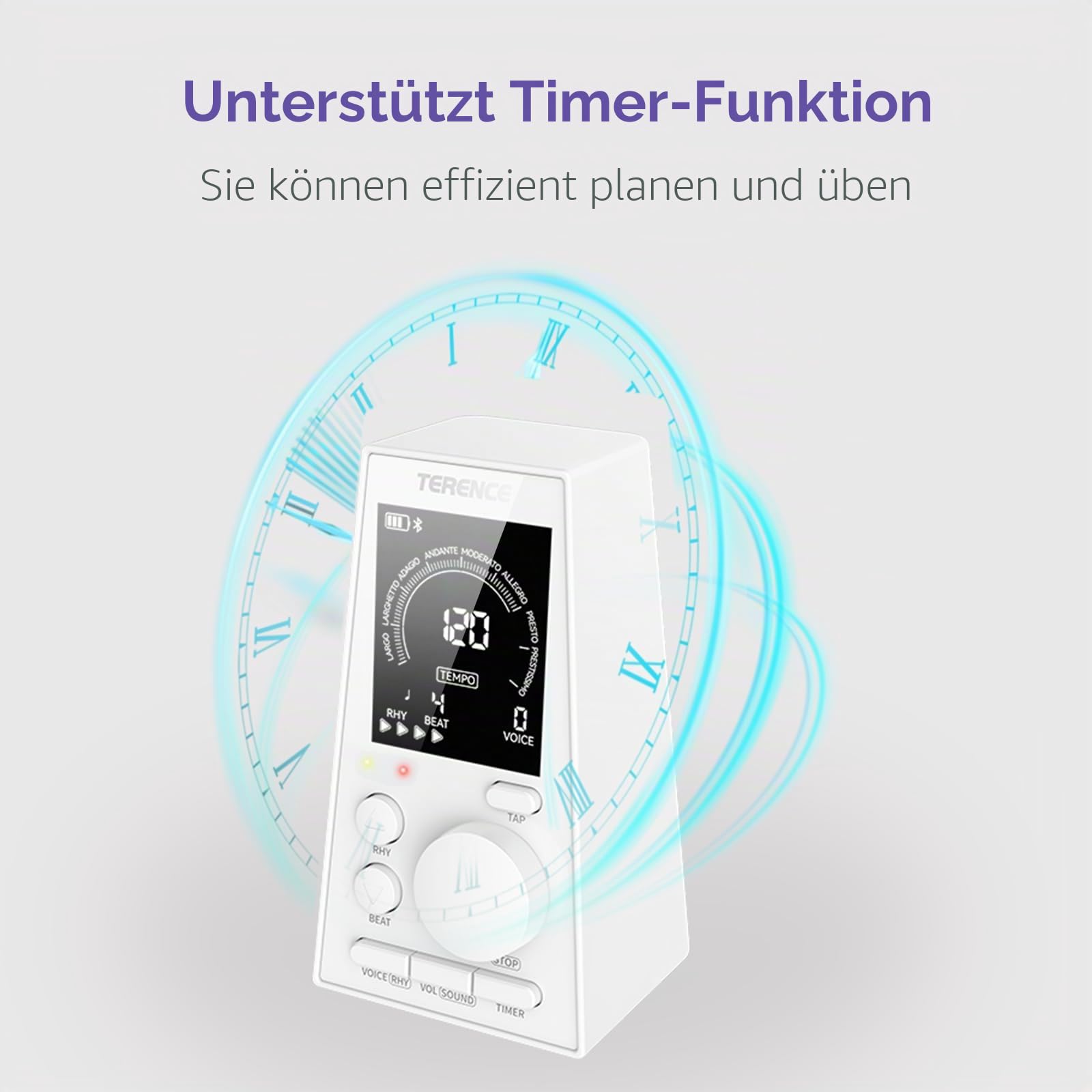 TERENCE Digitales Metronom Piano Gitarre Bass Eukliri Instrument Elektronisches Metronom mit Lautsprecher LCD Monitor Lautstärke Tempo einstellbar Timerfunktion wiederaufladbar 30-252bpm weiß