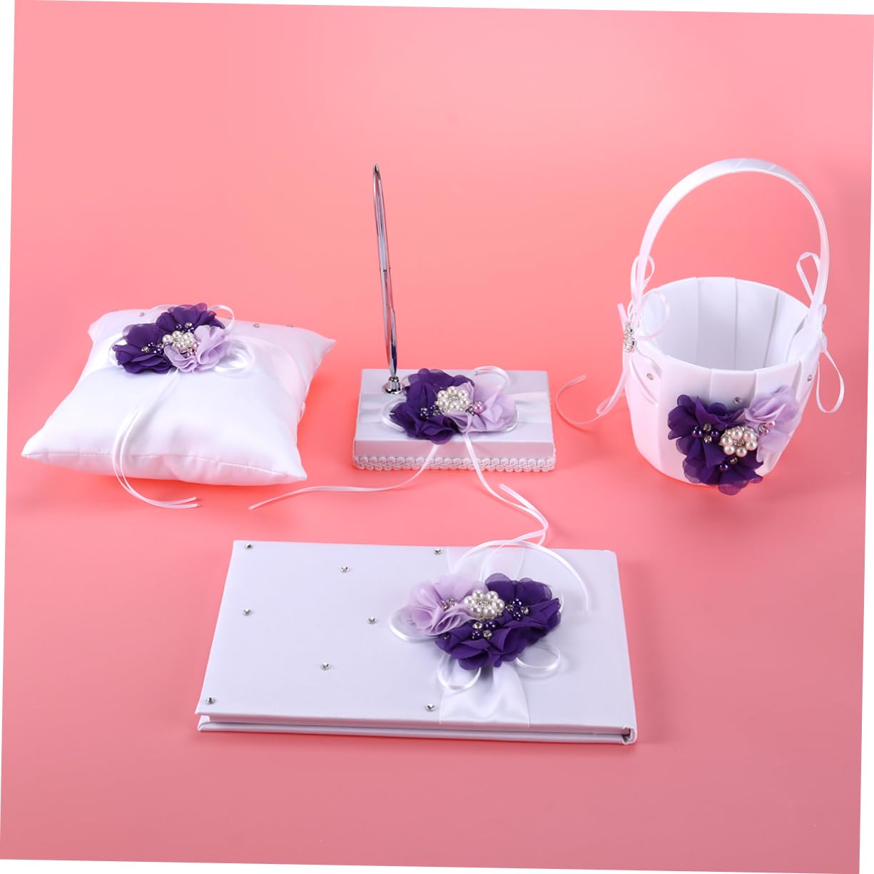 Gadpiparty 4 Stück Ringkissen und Blumenmädchenkorb aus Satin und Band Weiß für Hochzeit mit Bequemem Griff und Stilvollem Design für Hochzeitszeremonie