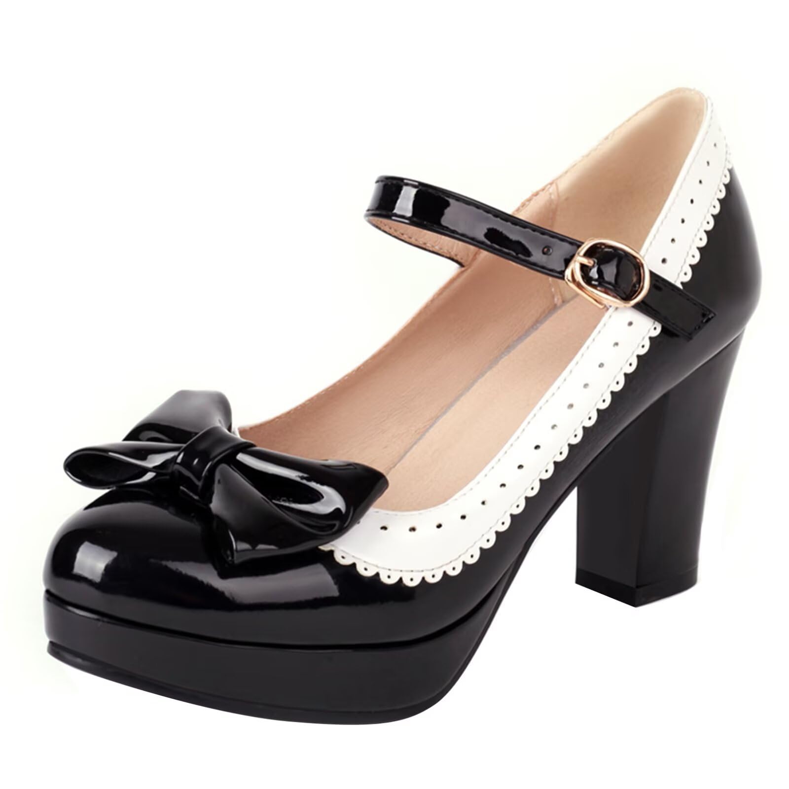 HSyc JRX Damen Damen Plateau High Heels Pumps mit Schleife und Blockabsatz Mary Jane Schuhe