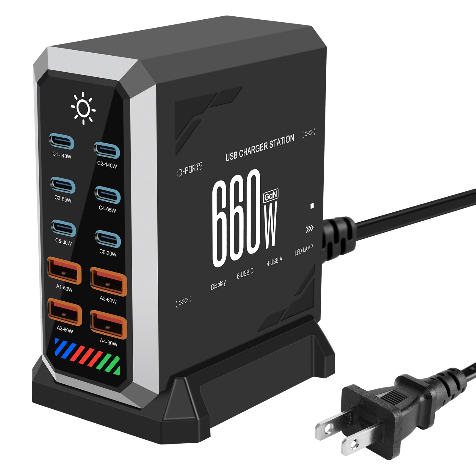 Estación de carga USB multipuerto GaN: cargador rápido tipo C PD3.1 de 140 W para múltiples dispositivos