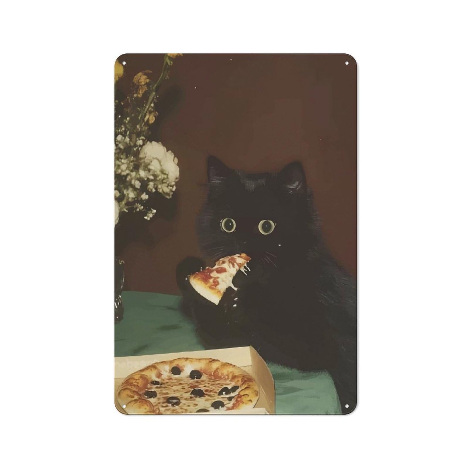 Junmoney Black Cat Eating Pizza Retro Tin Sign 30X20cm For Dining Room Or Kitchen, Suited To Kitchen Wall Decor Lovers