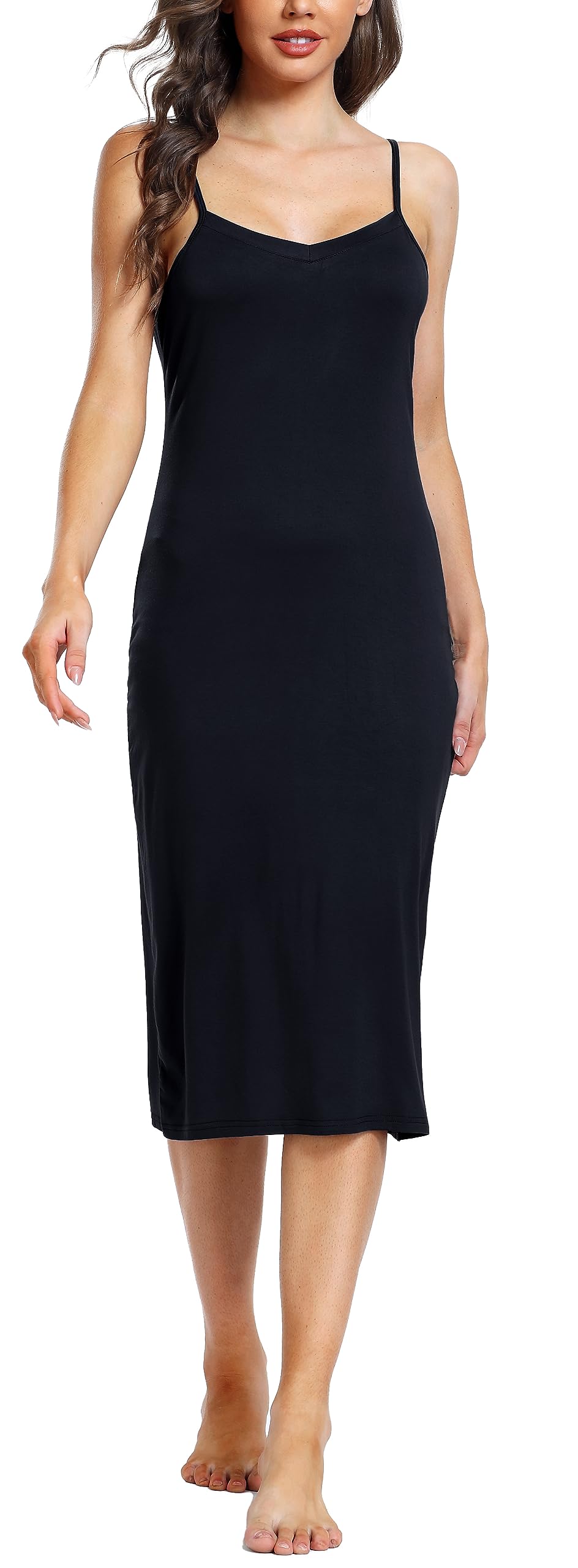 SopesilWomen's Full Slips Soft Long Nightdress Slip Under Dress Adjustable Spaghetti Straps for Ladies V Neck Negligee UK 6-24