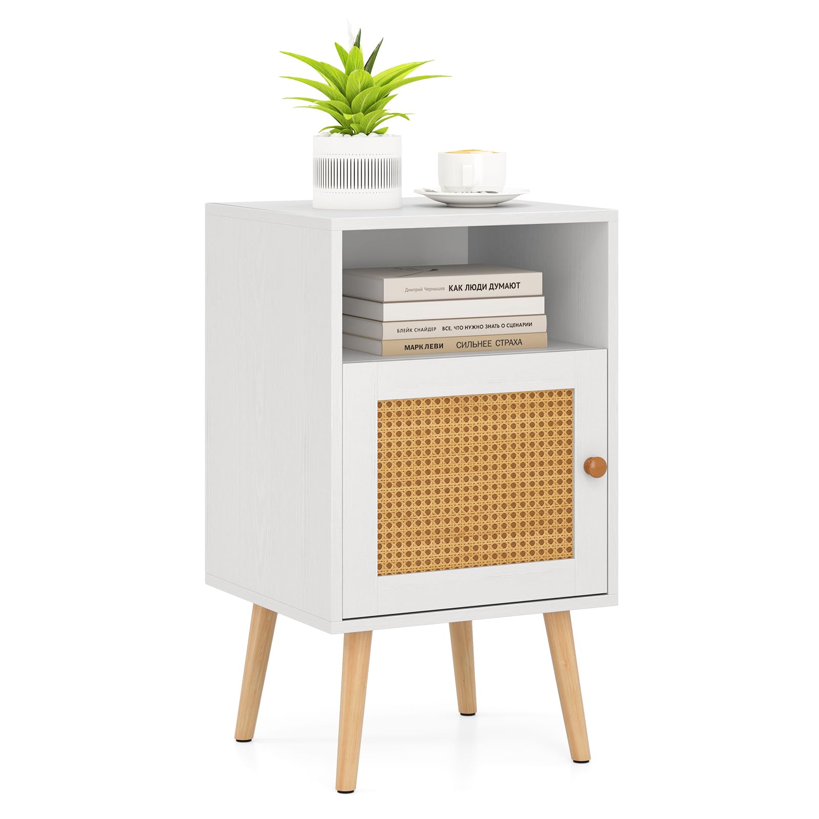 COSTWAY Bedside Table, Solid Wood Legs Nightstand End Sofa Side Table with Rattan Door and Storage Shelf, Bedside Cabinet Accent Tea Tables for Living Room Bedroom, 40x39x70cm (1, White+Natural)