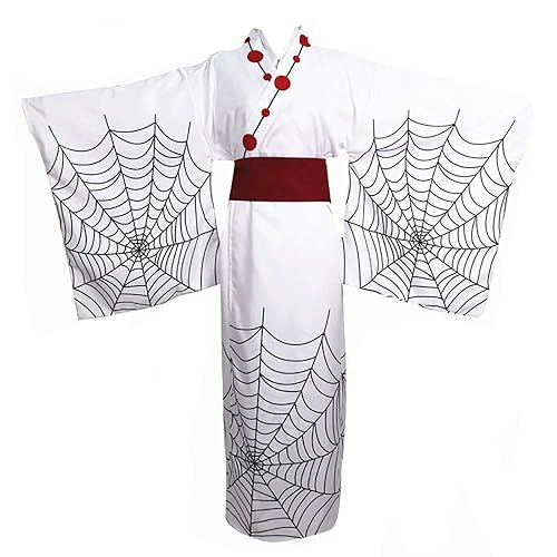 Spider Kimono Cosplay Costume, White Long Robe with Web Print and Red Belt, Outfit for Halloween Men Women - Small