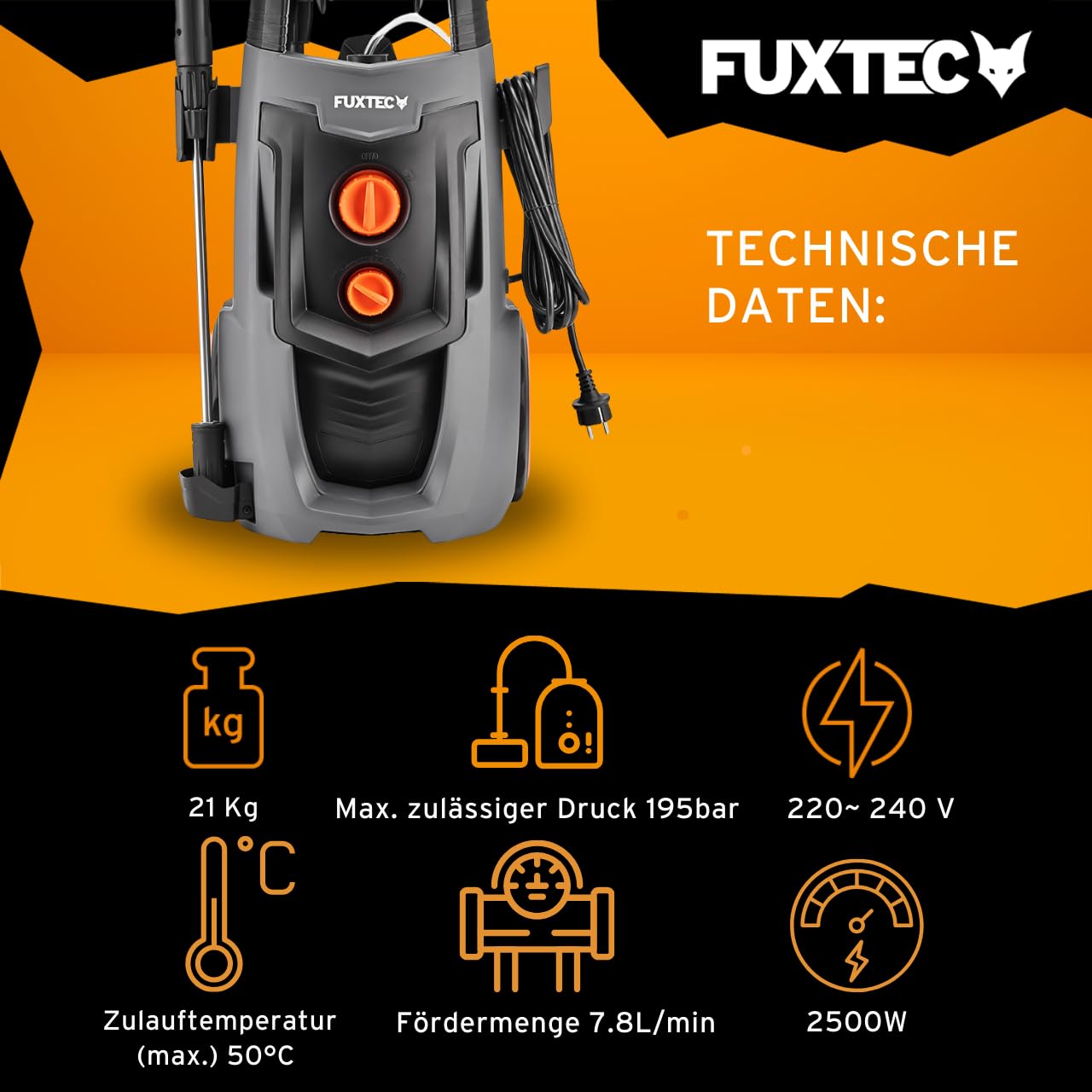 FUXTEC Profi-Hochdruckreiniger FX-HDRP2500 • 195 bar • 2500 W • 468 l/h