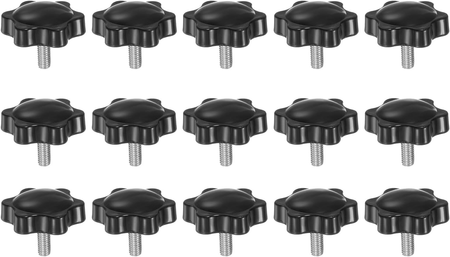 sourcing map 15pcs Star Knobs M5 x 12mm 304 Stainless Steel Threaded Stud 32mm Plastic 6-Star Head Hand Tightening Thumb Screw Clamping Jig Knob Handle, Black