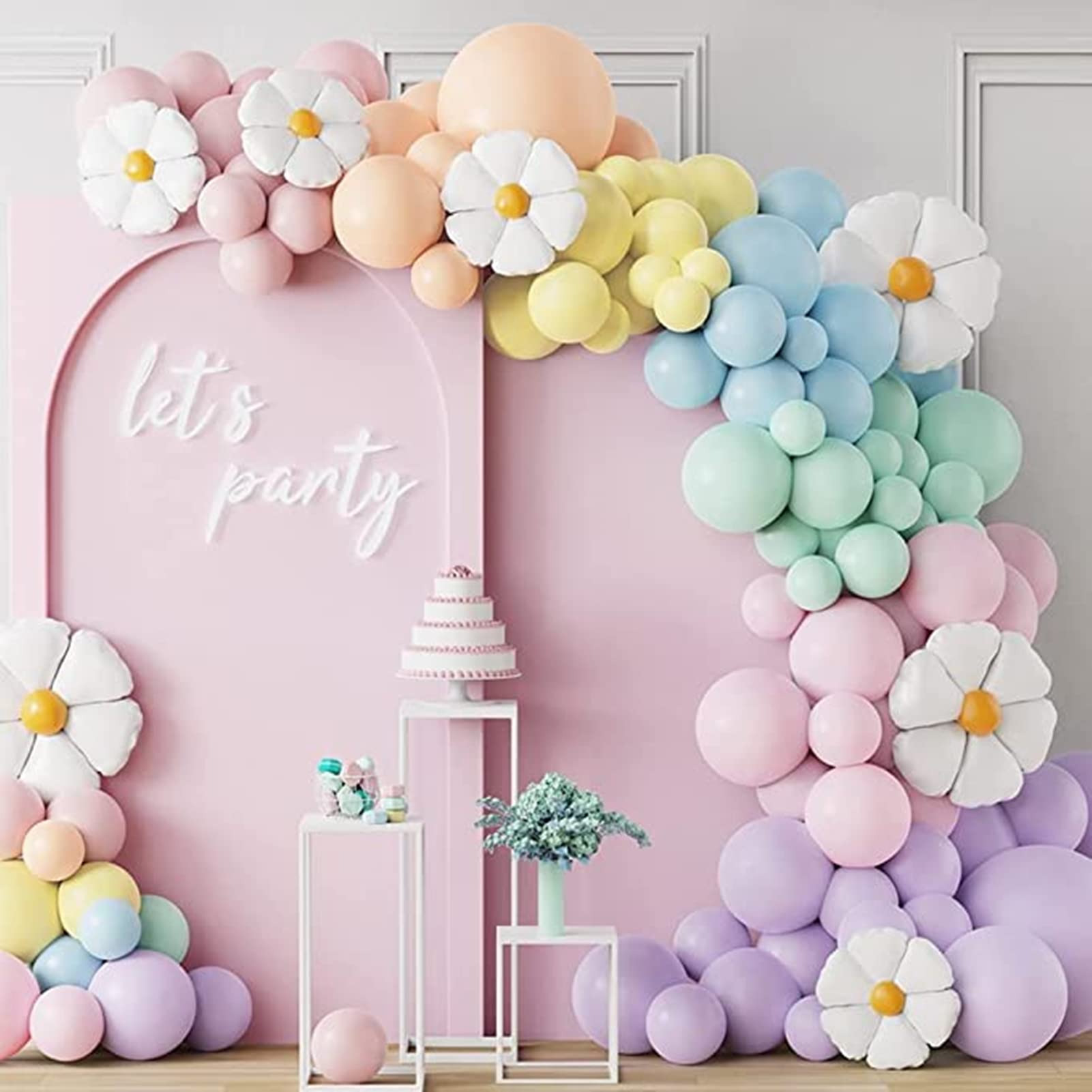 TAME Daisy Balloon Garland Arch Kit, Retro Hippie Boho Macaron Pastel Balloons Garland Daisy Flower Balloons for Birthday Wedding Anniversary Party Background Decorations