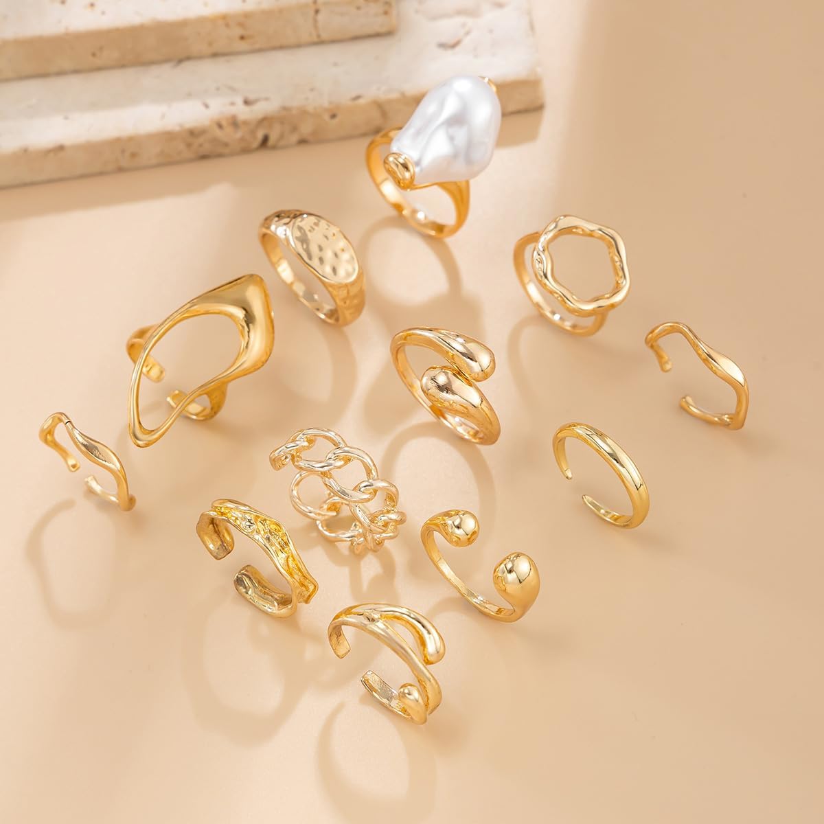 Gold Rings for Women Chunky Ring Non Tarnish Irregular Pearl Rings Stackable Statement Knuckle Ring Jewelry - Image 7