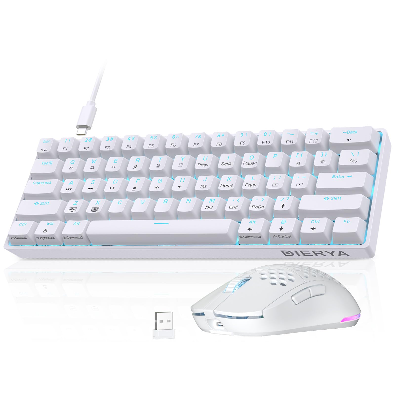 Dierya Ensemble Clavier et Souris Gamer Blanc, M1 Souris sans Fil 24000 DPI & DK61SE Clavier Mécanique Filaire 60%, Setup PC Multitâche Ergonomique (Pack de 2)
