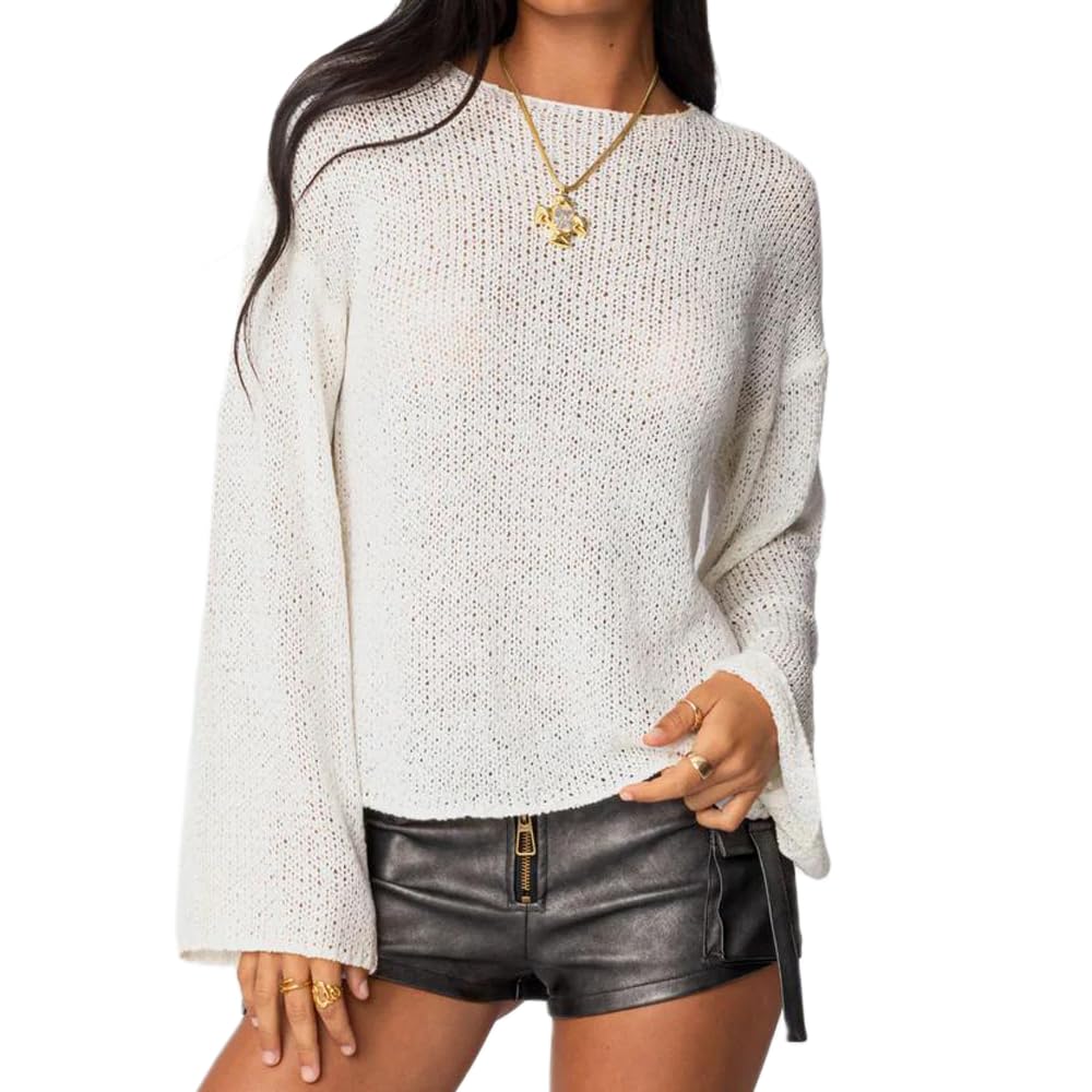 Women Y2K Knit Sweater Drop Shoulder Lightweight Boat Neck Loose Fit Oversized Sheer Knit Sweater Pullover Knitwear