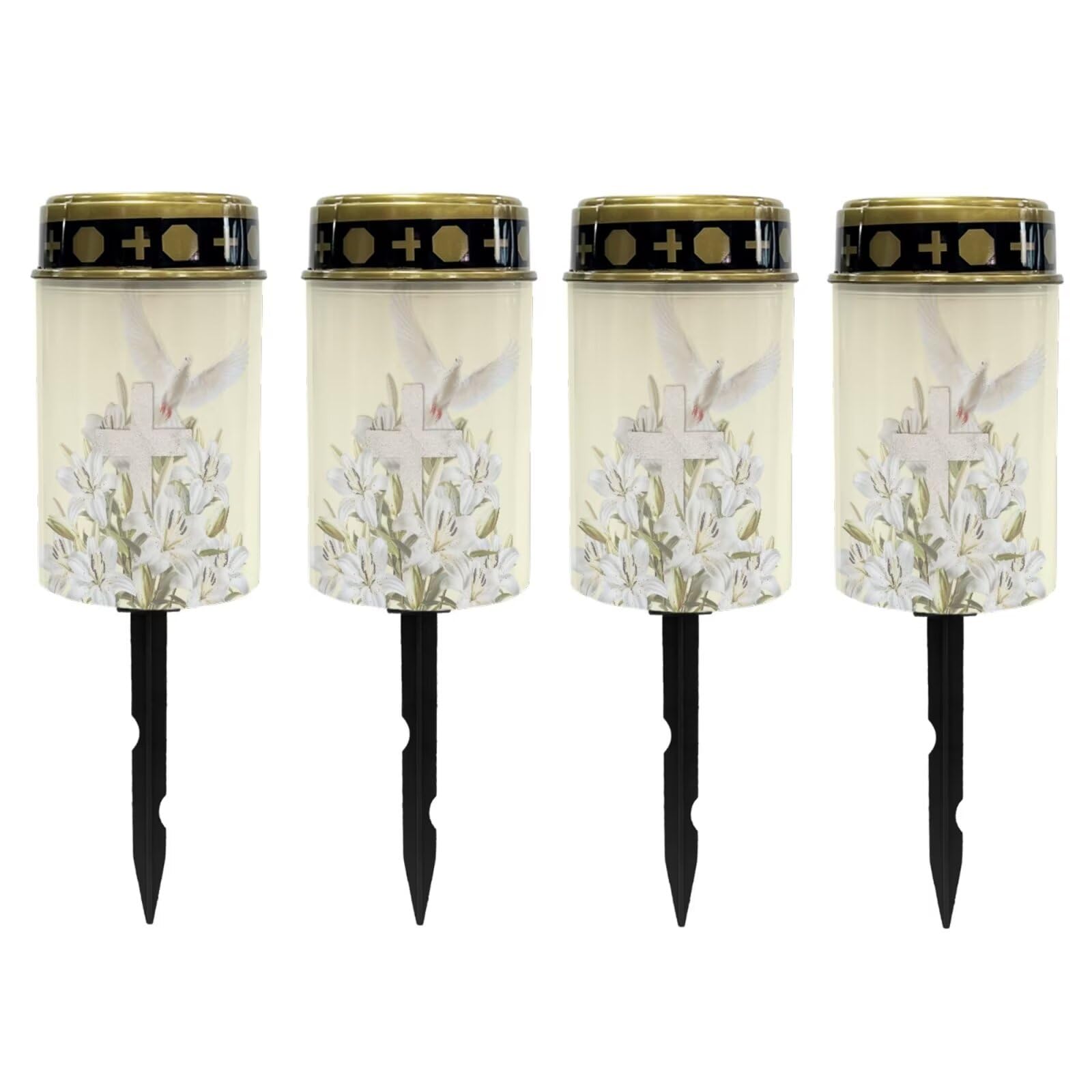 Poceacles Cross Solar Lights Outdoor Solar Powered Outdoor Grave Stake Solar Lights Solar Grave Lantern Landscape Lights Waterproof Cemetery Flameless Candles, Dove of Peace Lily Cross, Pack of 4