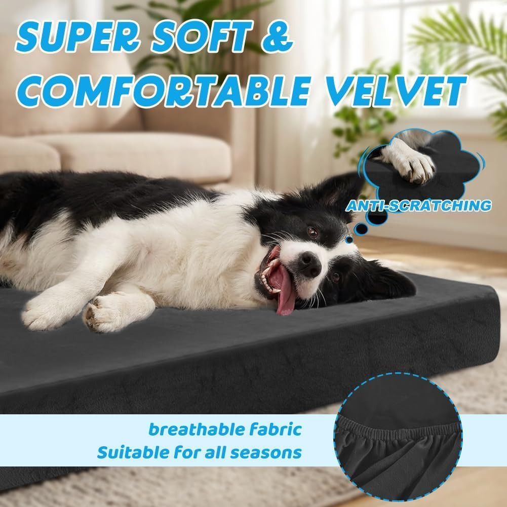 DUJUIKE 100% wasserdichter Ersatzbezug für Hundebett, weicher Plüschbezug, Samt-Matratzenbezug für Hunde, Waschbarer, Abnehmbarer Hundebezug, Hundematratzeneinlage mit Gummiband(Schwarz,XL)