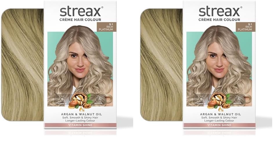 Streax Permanent Hair Colour, 100% Grey coverage, Infused with Argan and Walnut Oil, Long Lasting Cream Hair Colour for Women, Ash Hair Color, 9.1 Rich Platinum, 120 ml, Pack of 2