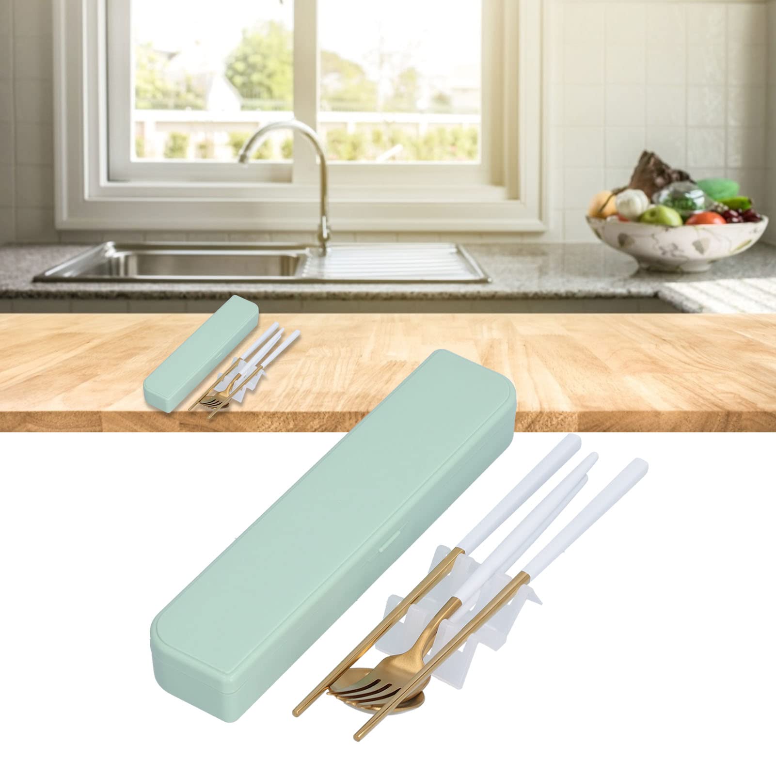 Generico Set di Posate in Acciaio Inox 3 Pezzi, Portatile Ed Ecologico | Leggero E Portatile, Un Accessorio Indispensabile Per La Merenda A Scuola (Platinum (Green Storage Box))