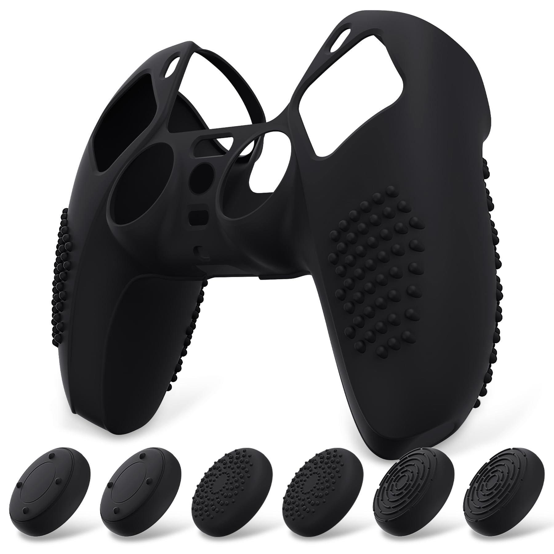 eXtremeRate PlayVital Funda de Silicona para ps5 Mando - Carcasa Protectora con 6 Tapas de Joysticks, Impermeable, Resistente y Antideslizante, Funda de Goma Suave para ps5, 3D Tachonado (Negro) - 2