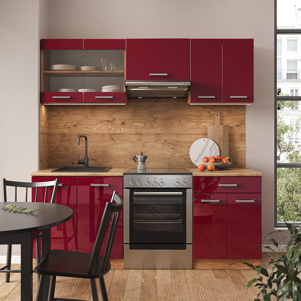 Vicco Cucina componibile R-Line, Rosso lucido/rovere dorato, 200 cm, PL Rovere, adatto per l'espansione personalizzata tramite moduli aggiuntivi