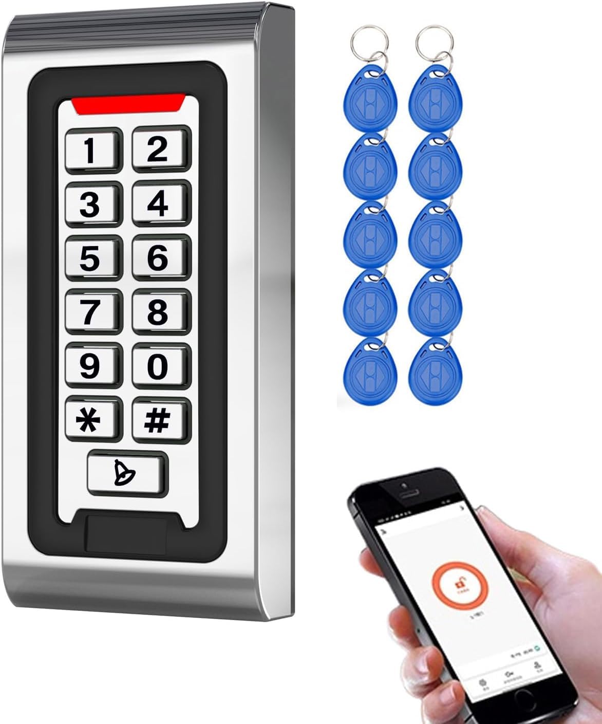 Control de Acceso RFID WiFi Tuya con Teclado – Metálico, Retroiluminado, Impermeable IP68, 125kHz EM, Wiegand 26/34, 12V DC, para Puertas, Portones, Garaje y Oficina + 10 RFID Llaveros