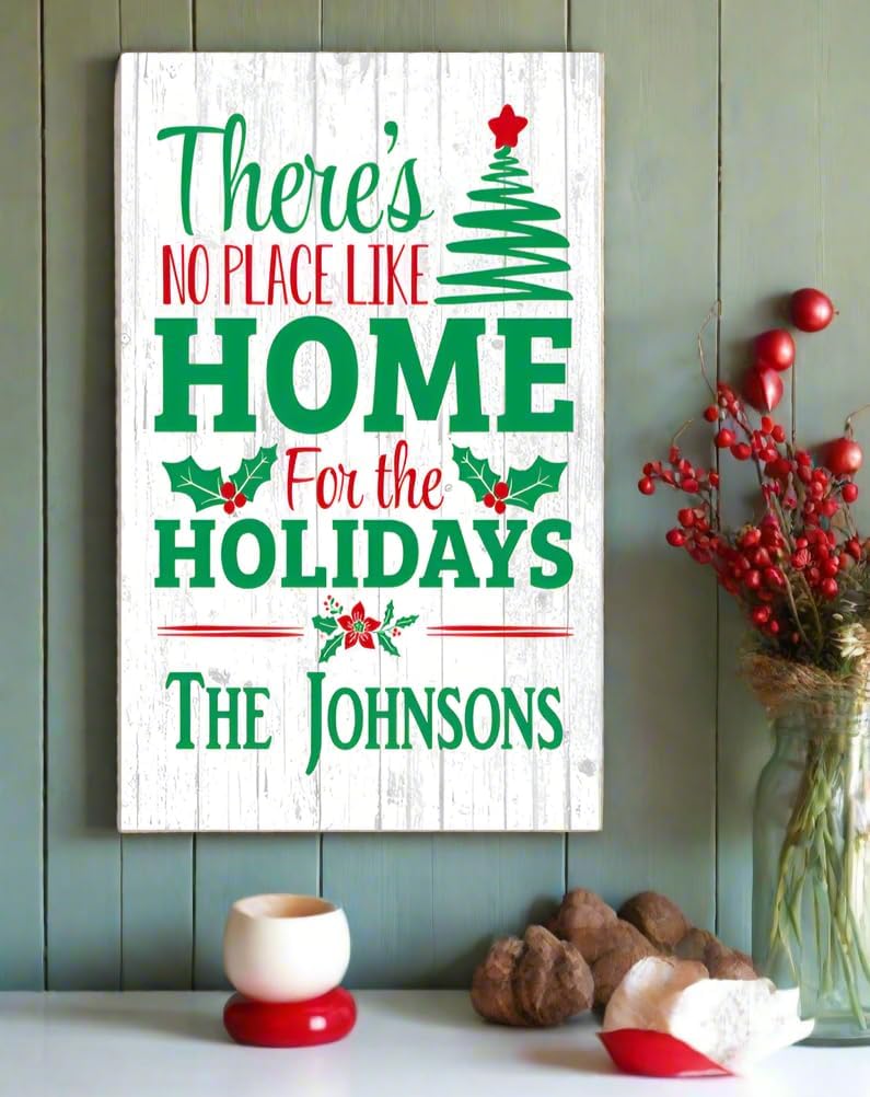 Christmas Family Sign - There's No Place Like Home For The Holidays - Personalized Holiday Decoration