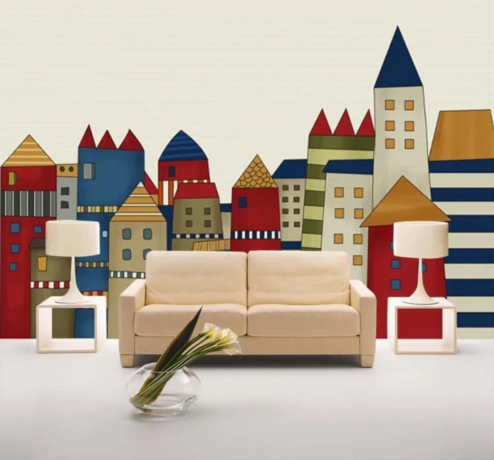 Wallpaper-3D-Xlm 350Cm×256Cm(B×H) Minimalist Cartoon Hand Drawn Colourful House 3D Wallpaper Easy Install Feature Office Living Room Sofa Bedroom Tv Background Wall Decoration-350Cm×256Cm