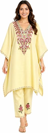 Kaftan set with aari work for women, traditional kashmiri aari embroidered cotton kaftan set with front and back work (fre...