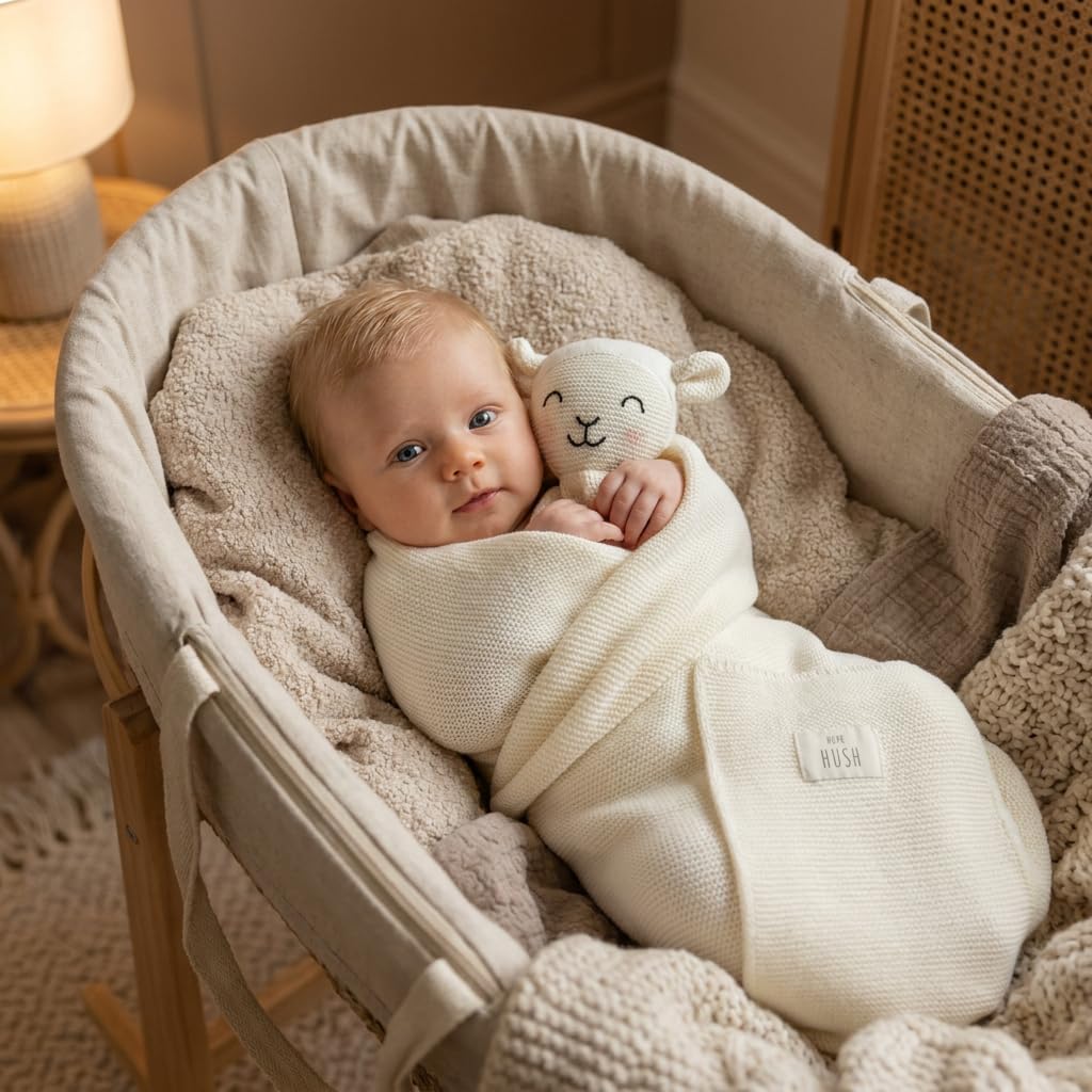 Hush Baby GOTS™ Certified Knit Comfort Blanket with Integrated Lovey - Organic Cotton & Tencel™ Lyocell Blend | A Refined Expression of Modern Baby Luxury (Sheep - Cream)