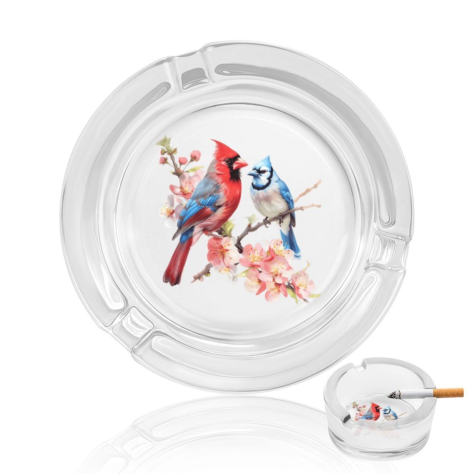 Cardinal And Blue Jay Bird Ashtray Portable Round Glass Outdoor Ash Tray for Home Office Garden Pub