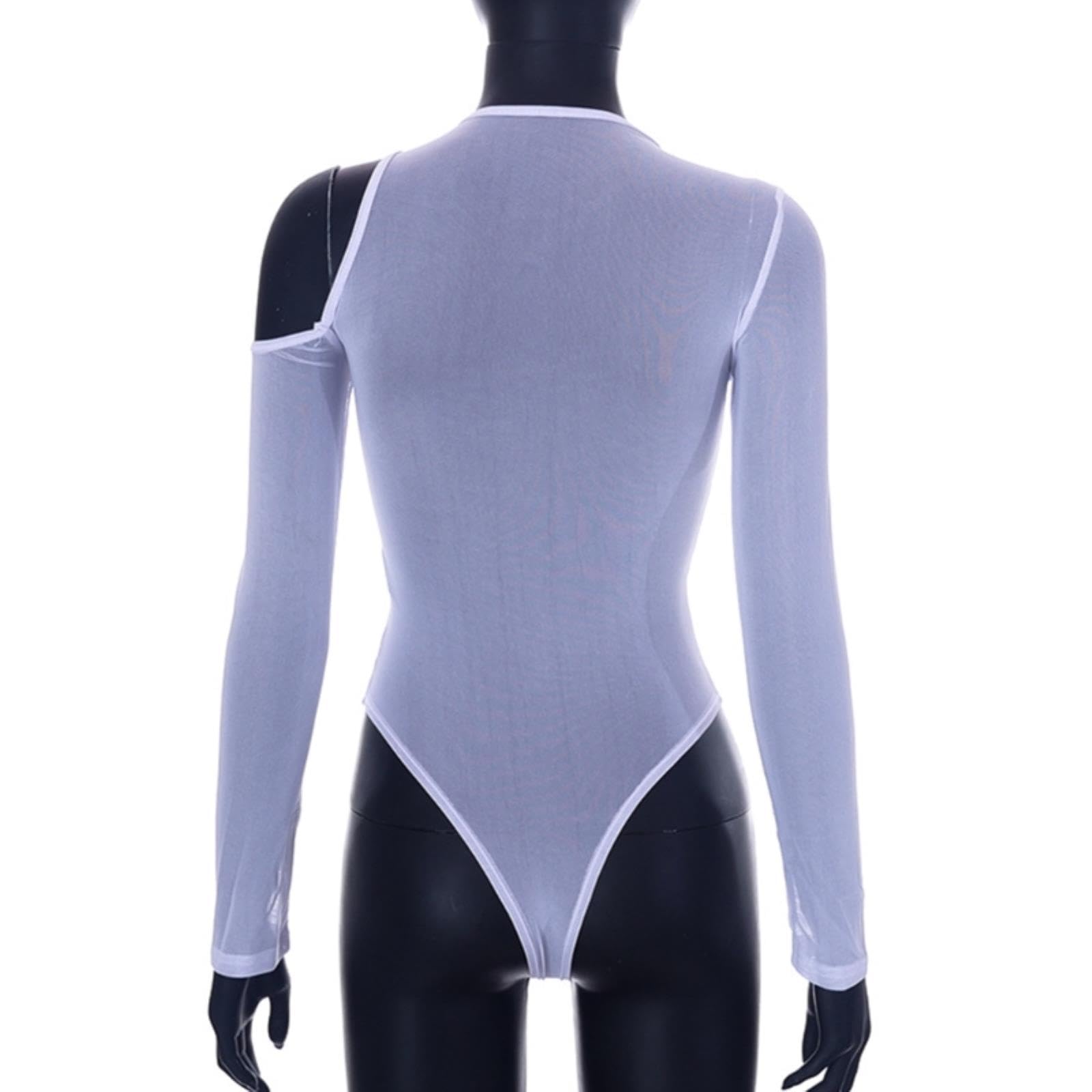 Mono Sexy de Manga Larga asimétrico con Hombros Descubiertos para Mujer, Monos Ajustados de Malla con Cuello Redondo y Transparencias