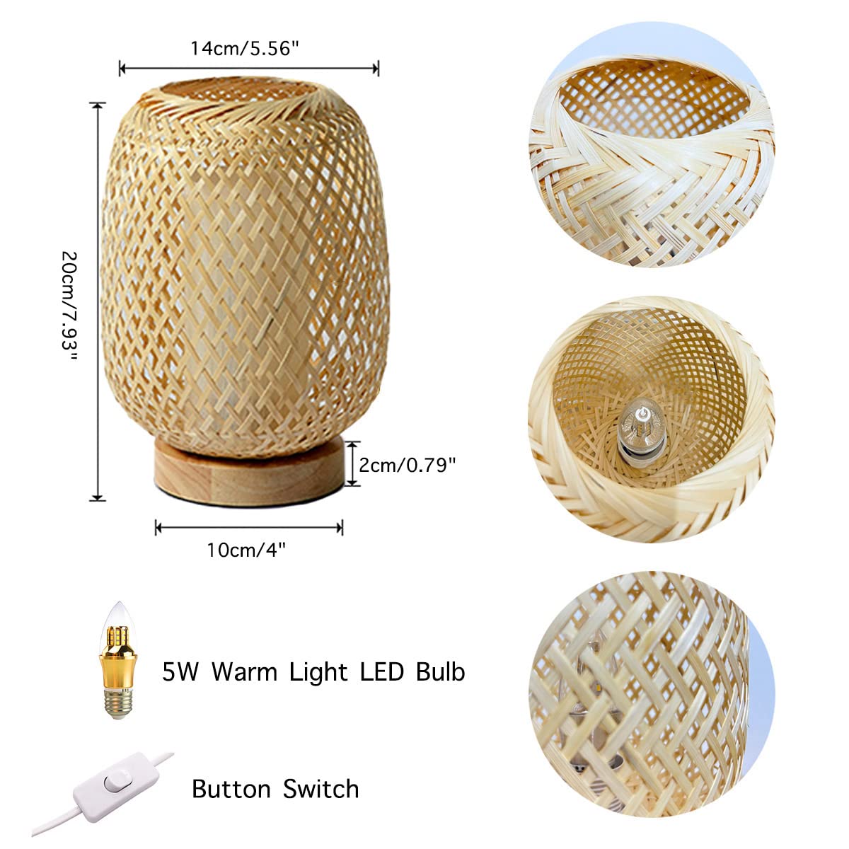 Accessori per lampade da Tavolo bambù Intrecciato a Mano con Paralume Interno in PVC Luce Notturna Lampada da Comodino Atmosfera Lampada da Tavolo Decorativa per Camera da Letto, s