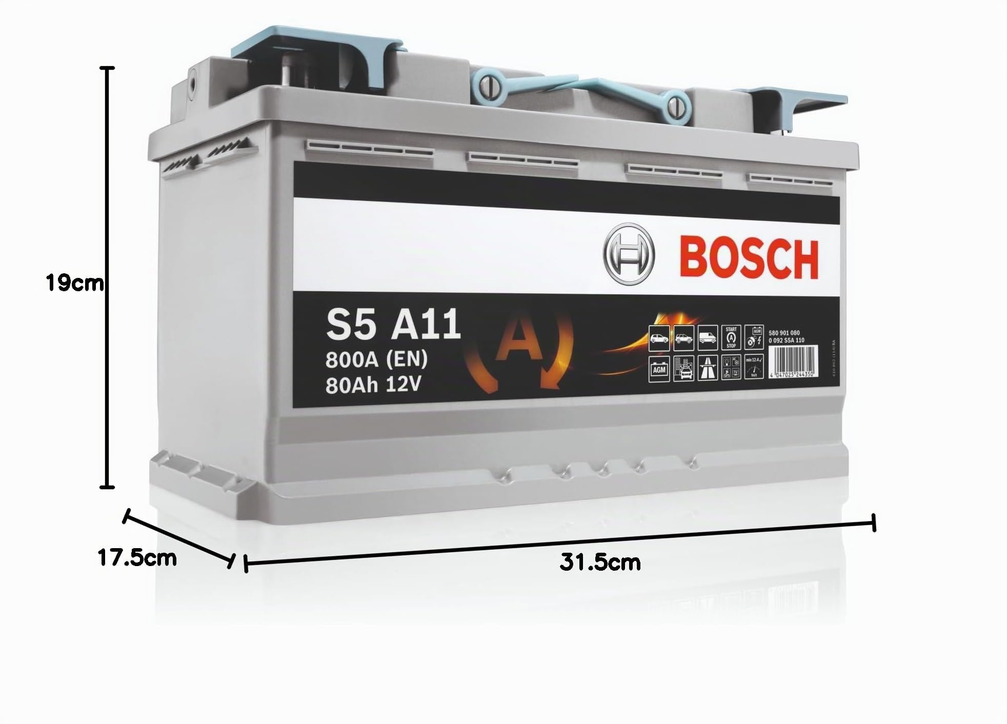 Bosch S5 A11 Batterie Auto 80 A/h - 800 A - Batterie 12 V, AGM Plomb-acide pour Véhicules avec Système Start/Stop, (-) (+), 315 x 175 x 190 mm - Pour Véhicules avec Récupération d'Énergie au Freinage