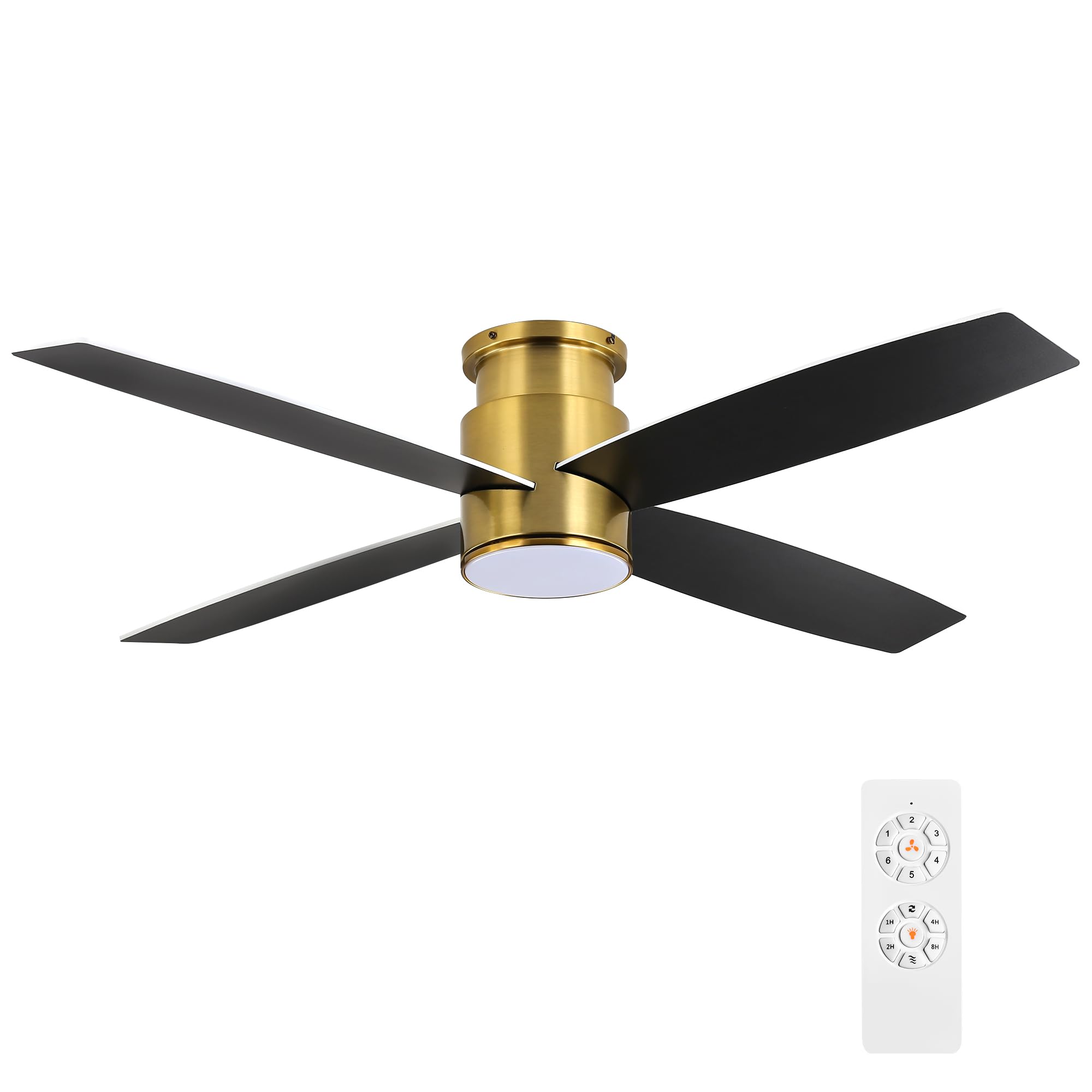 Photo 1 of WINGBO 44 Inch Flush Mount DC Ceiling Fan with Lights and Remote, 4 Reversible Blades, Ultra Quiet 6-Speed DC Motor, Hugger Low Profile Indoor Ceiling Fan, Brass Finish 44" ceiling fan with light Brass