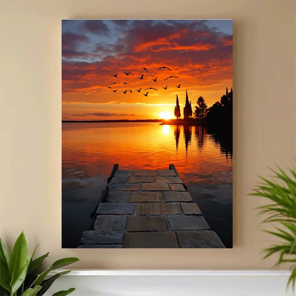 GKUVBF Toile imprimée « Coucher de soleil sur le quai du lac », oiseaux, ciel, reflets sur l'eau, paysage naturel pour la décoration du salon (60 x 80 cm/cadre intérieur)