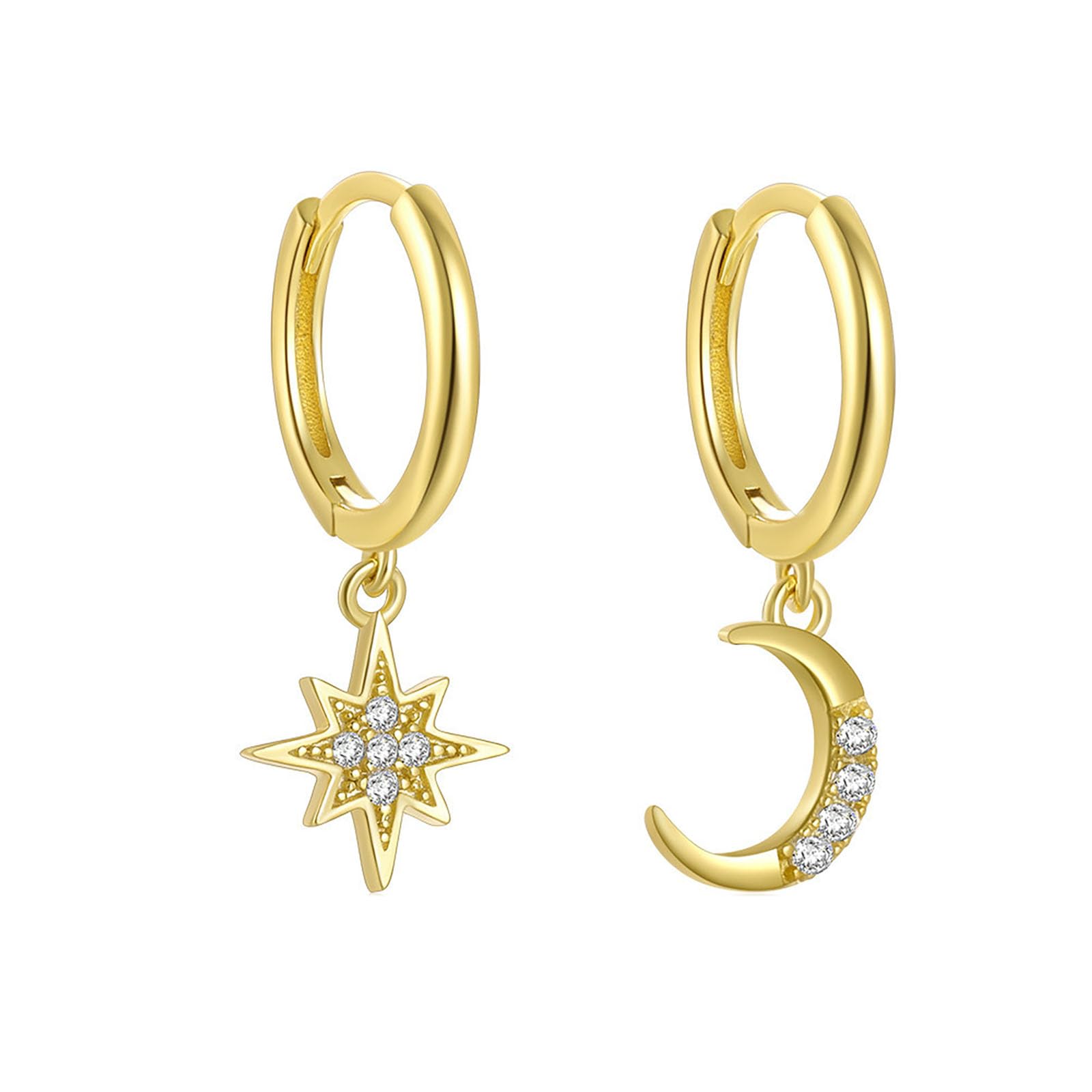 Hmzidz Brillantes Pendientes Luna y Estrella Mujer Asimetricos,Aretes de Plata Ley 925,Aros de Dorado con Colgante Circonita Pequeños,Zarcillos de Oro,Pendientes Elegantes de Fiesta para Niñas