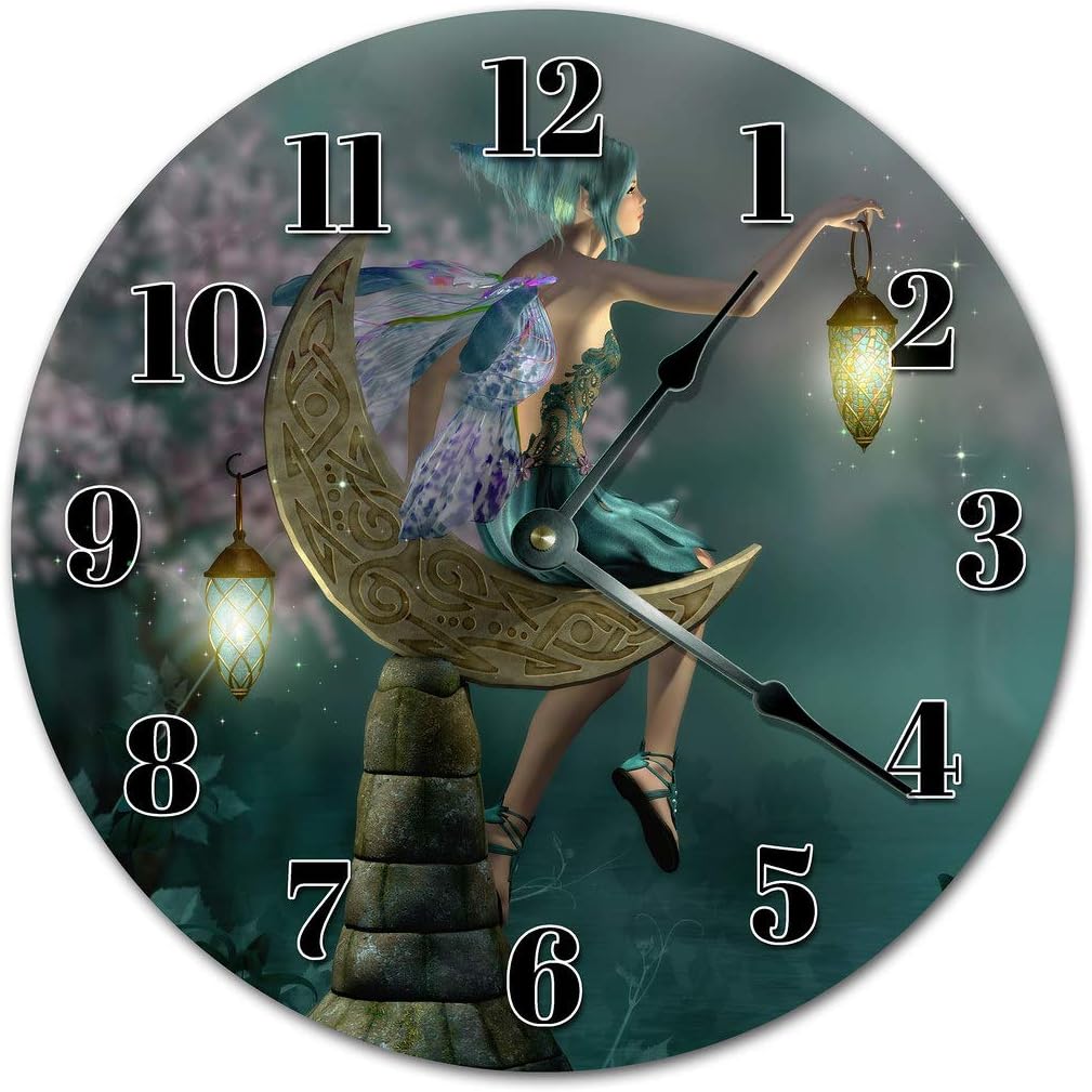 10.5" Fairy Holding LAMP ON A Crescent Steel Clock - Large 10.5" Wall Clock - Home Décor Clock