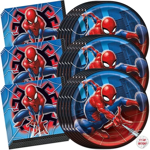 Unique Spiderman Birthday Decorations | 16 Dessert Plates and 16 Napkins | Spiderman Party Decorations | Officially Licensed
