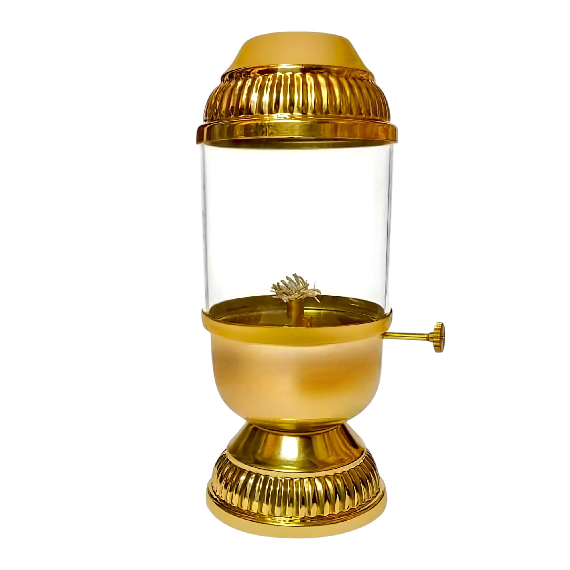 Brass Diya Oil Lamp Lanterns with Borosilicate Glass Cover, Adjustable Bati Knob, Wick Lifting Screw Lever, Wick Included || Akhanda Jyoti Deepak for Pooja-image-48