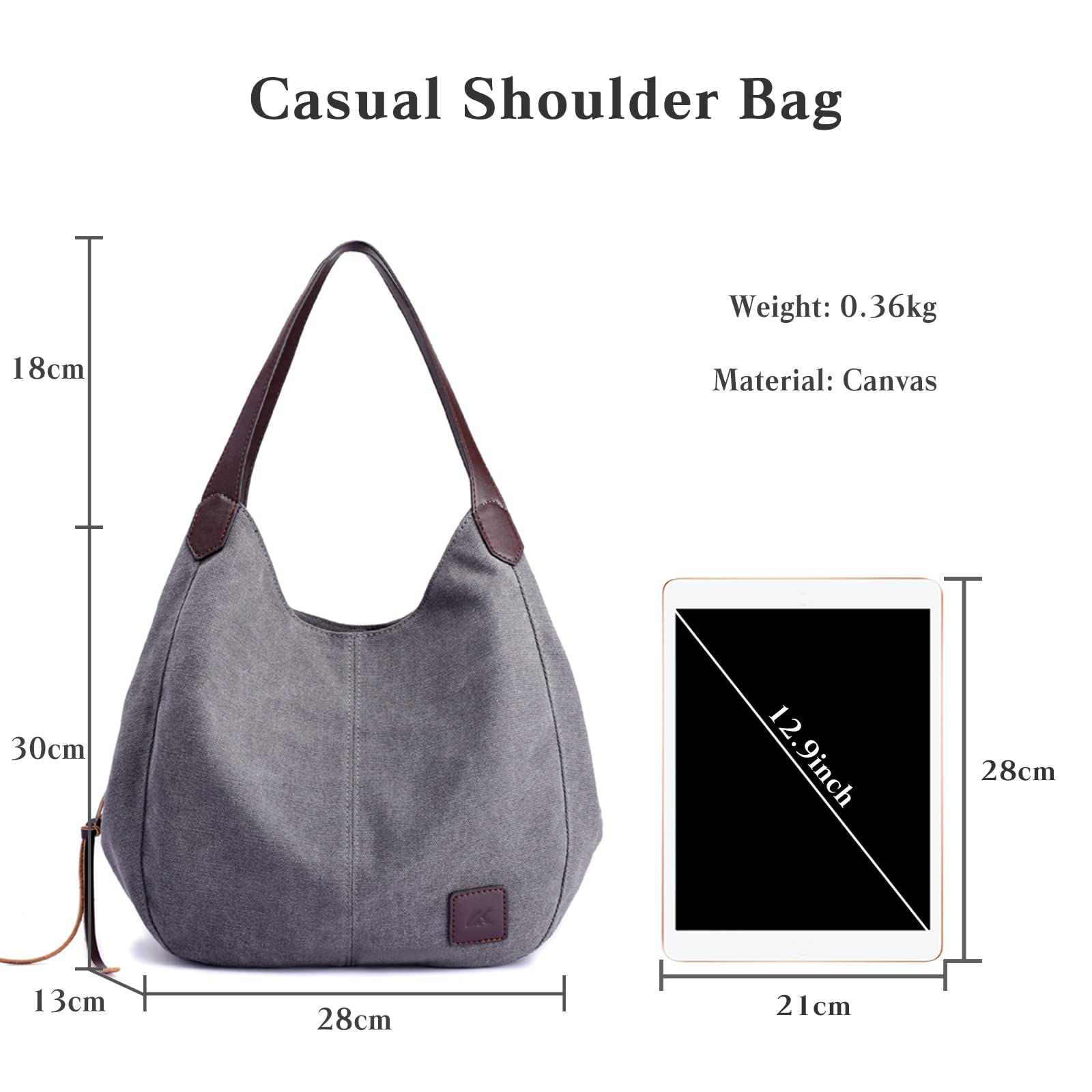 Damen Handtasche Canvas Hobo Schultertasche Mädchen Tote Bag Shopper Henkeltasche für Schule Reisen Arbeit Grau