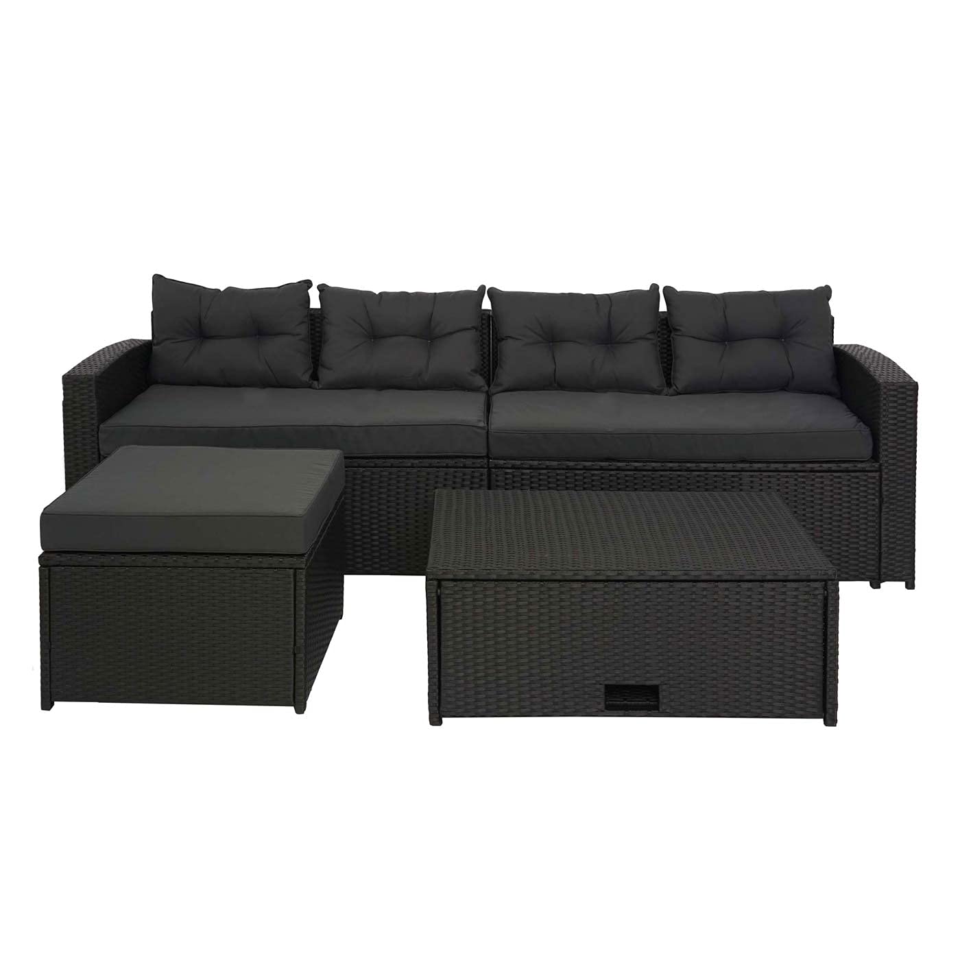 Mendler Zestaw polirattanowy HWC-J34, zestaw balkonowy/ogród/lounge zestaw mebli do siedzenia sofa, schowek – czarny, poduszka ciemnoszara