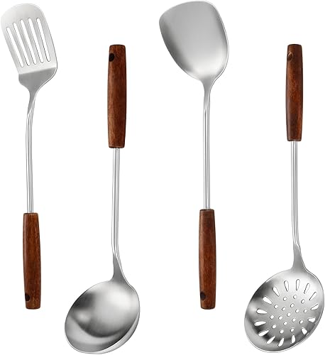 Miniatura 8 de Juego de utensilios de cocina de acero inoxidable 304, juego de 4 utensilios de cocina largos con mango de madera, herramientas de cocina grandes