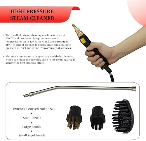 Miniatura 2 de sowinkel Limpiador de vapor de alta presión de 2500 W de mano con 3 cabezales de cepillo para cocina muebles baño coche