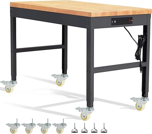 Miniatura 8 de HABUTWAY Banco de trabajo de altura ajustable, 60 x 20 pulgadas, capacidad de 2000 libras, estación de trabajo de madera maciza resistente, con