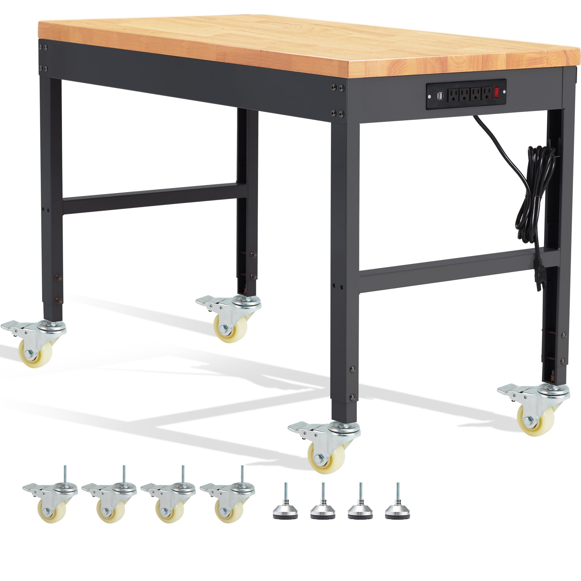 Height Adjustable Workbench with Wheels 48" x 24" 2000 Lbs Capacity Solid Wood Work Station Heavy-Duty Rolling Work Tables for Garage Party Shop Office