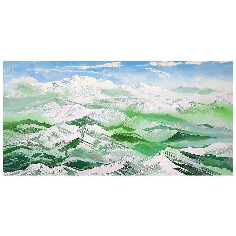 Montagnes sommets enneigés cyan en peinture à l'huile grand format