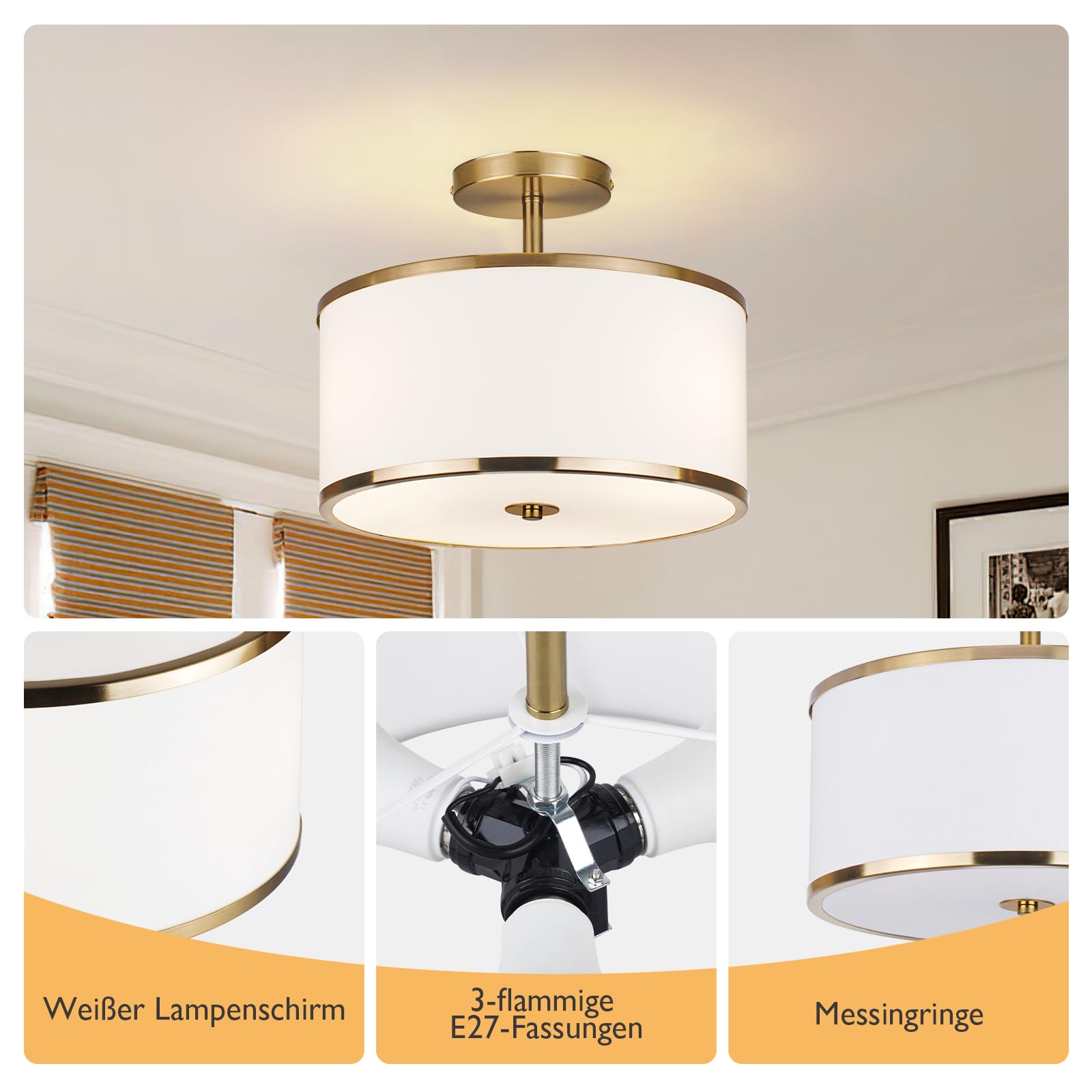 CALOKES Moderne Ø32cm Runde Stoff Deckenlampe mit 3 E27 Fassungen, Weiße Deckenleuchte für Wohnzimmer Schlafzimmer Küche Flur, Runde Deckenlampen aus Metall mit Messing Finish, Ceiling Leuchte