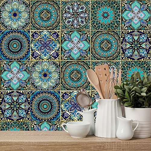 Tile Stickers 10X10CM Green Blue Stick on Tiles PVC Self Adhesive Wall Tiles Waterproof Bathroom Tile Stickers Oil Proof Kitchen Tile Stickers DIY Peel and Stick Floor Tiles(10PC)