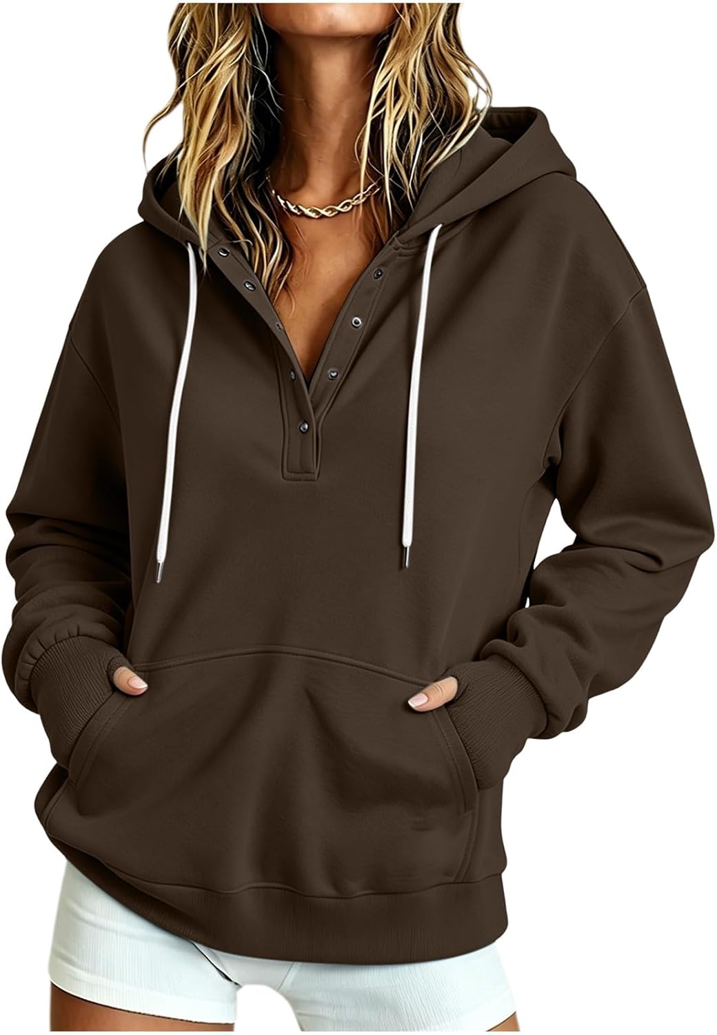 Womens Hooded Sweatshirt Long Sleeve Button Front Drawstring Hoodie Trendy Causal Comfy Fall Winter Pullover Tops