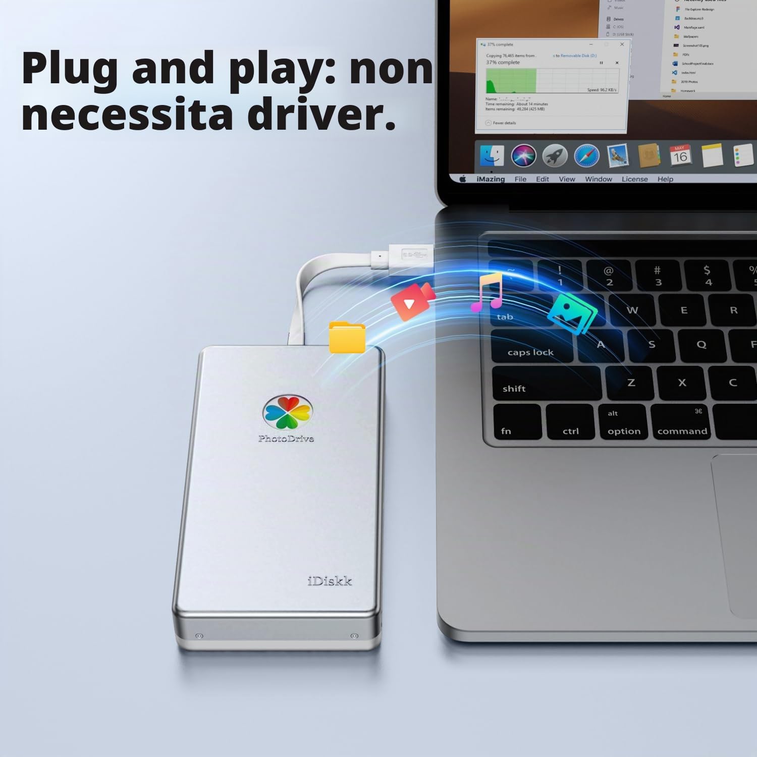 iDiskk Disco rigido esterno Lightning 3 in 1 certificato MFi da 500 GB per iPhone con 3 cavi integrati, hard disk portatile USB-C per dispositivi di tipo C, funziona con i più recenti iPhone/iPad/Mac