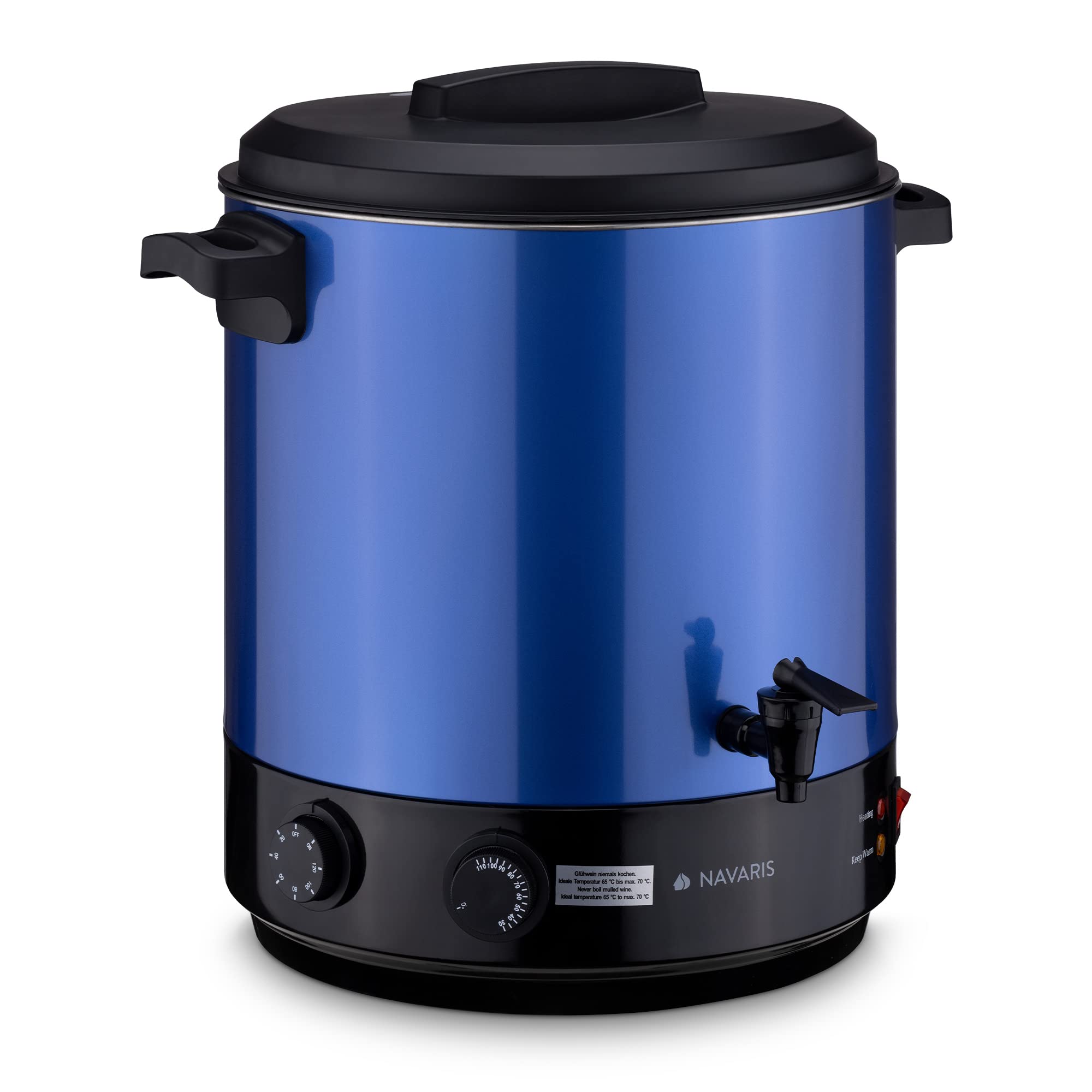Navaris Stérilisateur à Bocaux Électrique - Machine à Vin Chaud 27L - Distributeur Boissons en Inox - Autocuiseur Minuteur - Bleu métallique